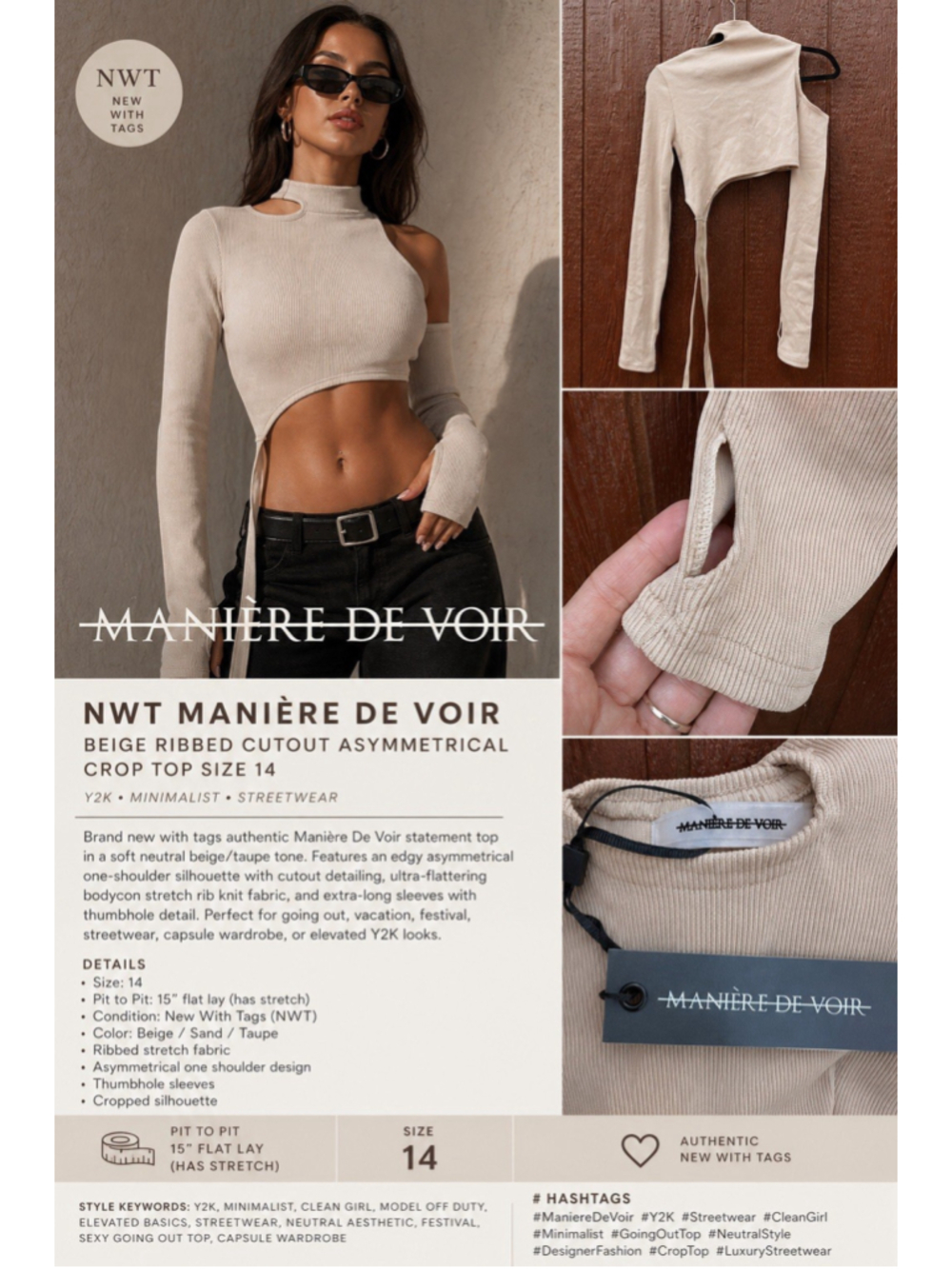 Manière De Voir Beige Ribbed Cutout Asymmetrical Crop Top Size 14 Y2K Minimalist